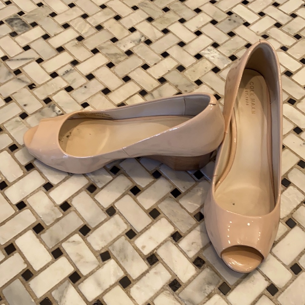 Cole Haan nude colored, peep toe wedge.